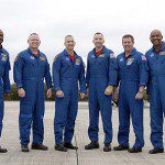From left are Mission Specialist Leland Melvin; Pilot Barry E. Wilmore; Commander Charles O. Hobaugh; and Mission Specialists Randy Bresnik, Mike Foreman and Robert L. Satcher Jr. Photo credit: NASA/Kim Shiflett 