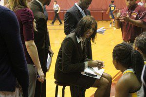 B-CU Women's Head Coach Vanessa Blair drives a point home with her players.  Karsceal Turner-WONO