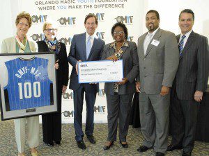 Orlando Magic Chairman Dan DeVos, Magic CEO Alex Martins and Magic VP of Community Relations and Government Affairs Linda Landman Gonzalez joined representatives from Early Learning Coalition of Orange County as one of four organizations to receive a $100,000 grant on January 24 through the Orlando Magic Youth Fund, a McCormick Foundation Fund (OMYF-MFF). Representatives from 17 nonprofit community organizations in Central Florida were named to the OMYF All-Star Team, receiving grants totaling more than $1 million from the OMYF-MFF.   This is the third consecutive year the OMYF-MFF presented checks totaling more than $1 million. Photo taken by Gary Bassing.  