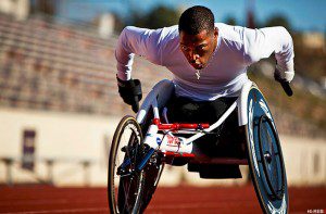 WARRIOR WHEELS - U.S. Marine Corps Cpl. Anthony McDaniel races around the track during practice for the 2012 Warrior Games in Colorado Springs, Colo., April 23, 2012. McDaniel suffered a bilateral leg and partial hand amputations from an improvised explosive device in Afghanistan 2010. He competed in track and wheelchair basketball. U.S. Marine Corps photo by Lance Cpl. Daniel Wetzel