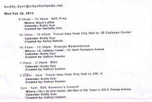 Orlando Mayor Buddy Dyer's official schedule for February 20, 2013 when he missed the Greater Orlando Aviation Authority board meeting and vote, showing only "BDO" for a personal meeting instead of his duties. (Photo: WONO)