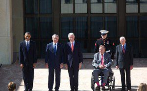 President Barack Obama stands with former Presidents George W. Bush, Bill Clinton, George H.W. Bush, and Jimmy Carter, at the opening of the George W. Bush Presidential Library and Museum in Dallas, Tex., April 25, 2013. (Official White House Photo by Lawrence Jackson)