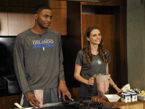  Magic forward Maurice Harkless helps Magic Team Nutritionist Tara Gidus prepare recipes with local food for the Summer Cooking Series presented by Fresh for Florida Kids.  The series will be featured on the Magic’s website, orlandomagic.com and freshforfloridakids.com starting late June.  (Photo: Gary Bassing)  