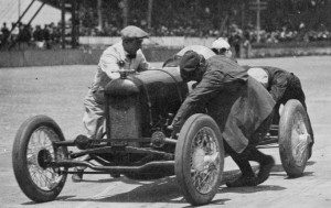 Three men pushing a Barber-Warnock special race car off the track at Indianapolis Motor Speedway, Indianapolis, Indiana, about 1924. (Photo: Flickr)