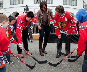  First Lady Michelle Obama participates in a "Let's Move!" and NHL partnership event with Chicago Blackhawks and Washington Capitals players on the South Lawn of the White House, March 11, 2011. (Official White House Photo by Samantha Appleton)