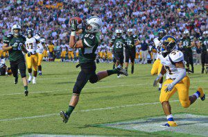 Hatters' WR Rob Coggin makes a athletic catch during action Sunday. STETSON Photo credits:  PhotosInMotion.net, Jim Hogue Photos and David S. Williams