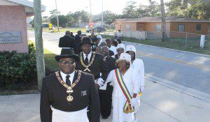 Members of District 16 of the MWUGL PHA are led into Shiloh A.M.E. Church by District Deputy Grand Master Ronald Williams 33rd Degree. (Photo credit: K. Turner/WONO). 