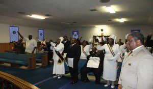 Members of the Masonic body jump and shout during Sunday's message at Shiloh A.M.E. Church. (Photo: WONO) 