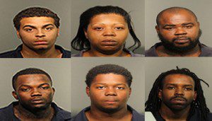 Top row: l-r: George Encarnacion, Crystal Williams and Freddy Littles Bottom row: l-r: Dieu Marc Jules, Latarius Littles and Timothy Liggons - suspects