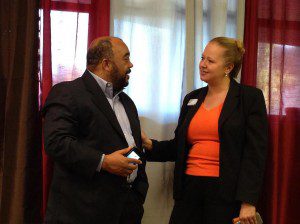 Orange County Commission Candidate, Derrick Wallace chats with Lauren Parrish, VP-PNC Bank at the 'Meet and Greet' at 