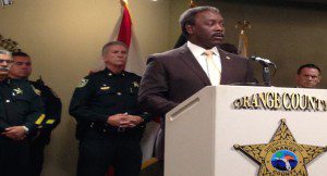 Orange County Sheriff Jerry Demings announces the arrest of armed commercial robbery suspects at a news conference, June 18, 2014. (Photo: WONO)