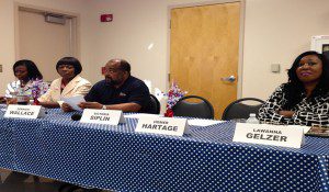 l-r: District 6 Orange County Commission candidates: Virginia Whittington, Roberta Walton, Derrick Wallace and Lewanna Gelzer, at 2014 Pine Hills Community Candidate Forum, June 19, 2014. (Photo: WONO)
