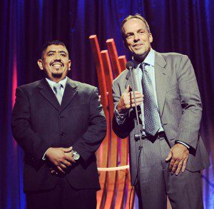 Lucas Benitez (l) and Greg Asbed, Co-Founders of the Coalition of Immokalee Workers, accepted the award on behalf of the CIW, New York, September 21, 2014. (Photo credit: CIW)
