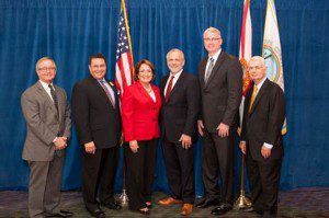 l-r: Manuel Mencia, senior vice president of international trade and business development with Enterprise Florida; Ken Potrock Senior Vice President and General Manager of Disney Vacation Club & Adventures by Disney; Orange County Mayor Teresa Jacobs; Rick Weddle, the CEO of the Orlando Economic Development Commission; Economist Sean Snaith, Ph.D., director of the University of Central Florida's Institute for Economic Competitiveness; and James Bacchus, global practice chair of the Greenberg Traurig law firm.