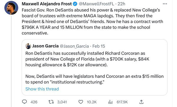 DeSantis called Fascist by Orlando U.S. Rep. Maxwell Frost